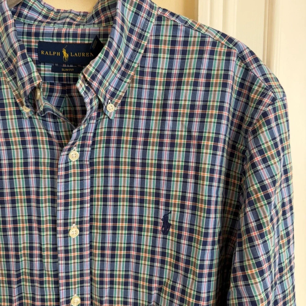 Polo‎ Ralph Lauren Slim Fit Plaid Button Down Shirt Mens Large Multi Color Pony